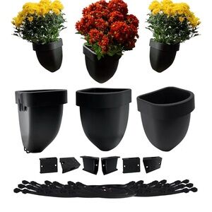 Set of 6 Black Outdoor Fence Rail Planters w/ Brackets